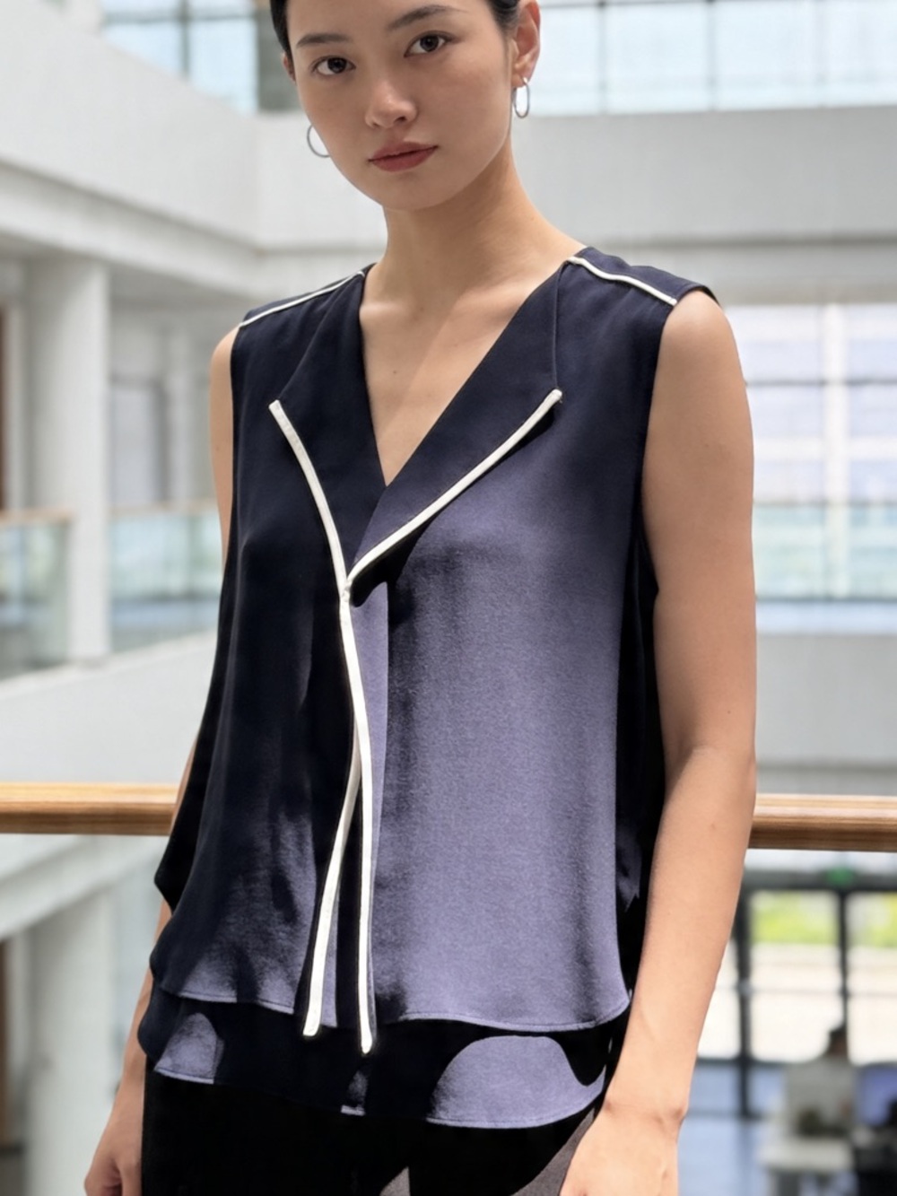 DKNY Navy Top with White Piping Trim NWT